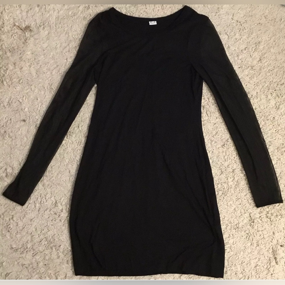 THREE DOTS black knee length long mesh sleeve stretchy dress Medium M 8